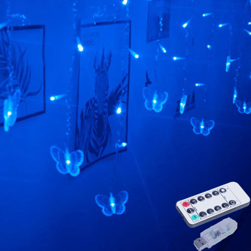 블루 나비 LED 커튼 고드름 조명 LED 휴일 문자열 요정 조명 새해 갈 랜드 웨딩 파티 장식 3.5m 96 전구